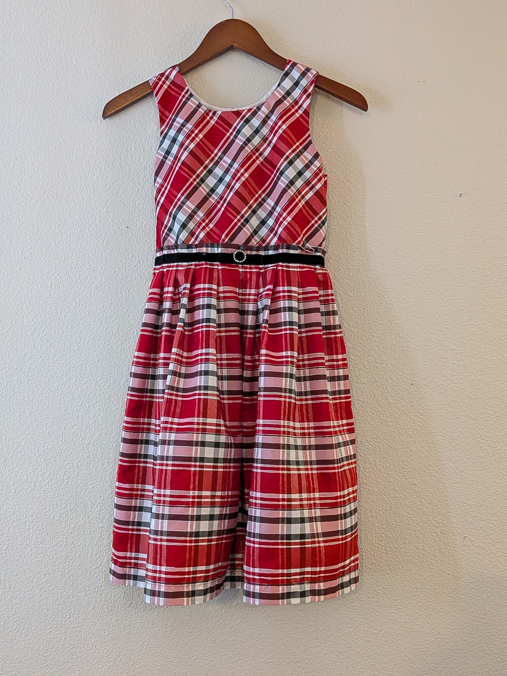 Jona Michelle Red Plaid Sleeveless Holiday Dress with Black Belt